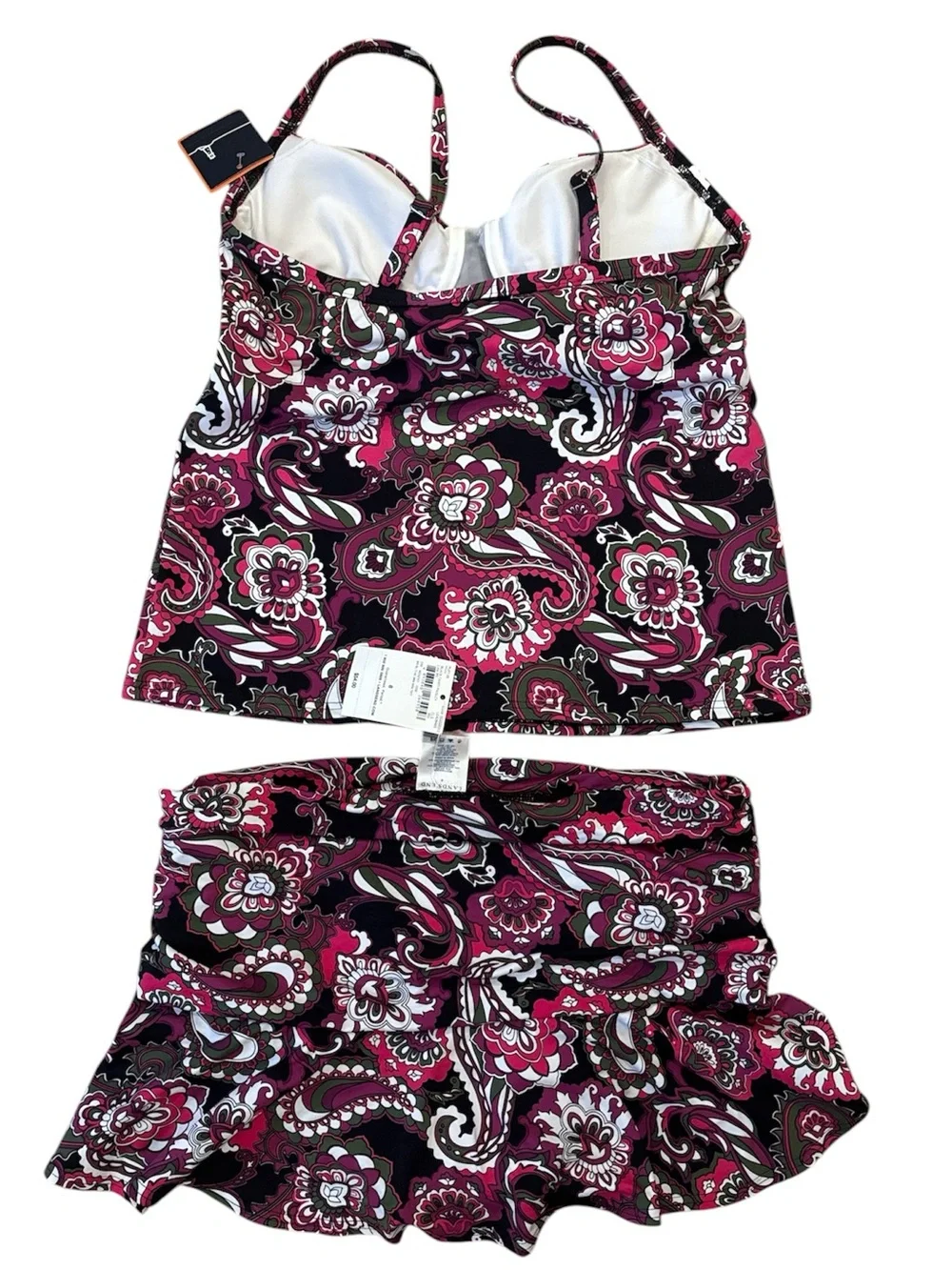 Lands' End NWT Pink Black Paisley Tankini Swim Skirt Set Underwire Adjustable 8